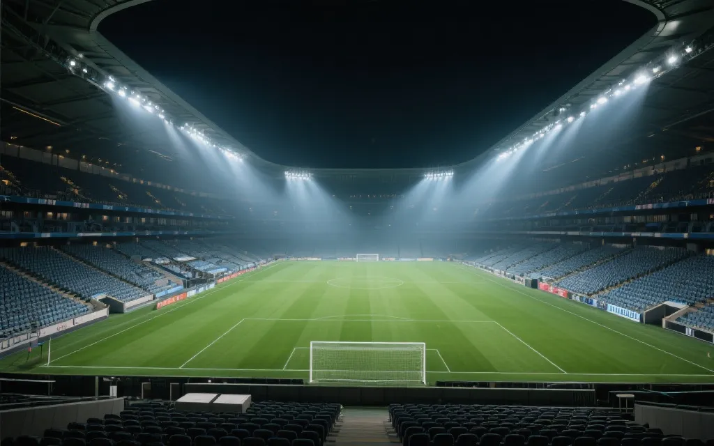 球场内部看台与草坪视角，展示大型赛事的观赛氛围与灯光